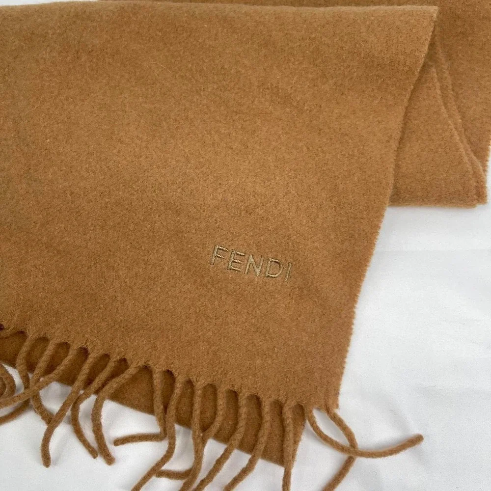 Vintage 90s Fendi Brown Wool Tassel Scarf Archival Embroidered Fall Quiet Luxury